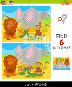 Cartoon Illustration de trouver six différences entre les photos, jeu éducatif pour Enfants avec animaux drôles Illustration de Vecteur