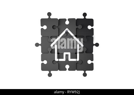 Vue du dessus de l'accueil, l'icône sur jigsaw puzzle pieces, isolé sur fond blanc. Banque D'Images