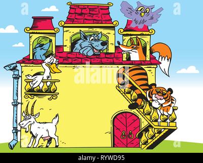 Dans l'illustration cartoon maison avec animaux drôles. Illustration de Vecteur