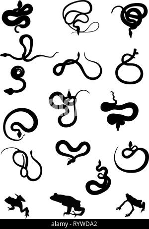 L'illustration montre un ensemble de silhouettes de serpents différents en couleur noir. Illustration de Vecteur