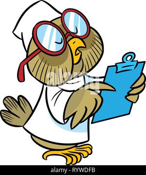 Dans l'illustration cartoon owl médecin dans une blouse blanche et des lunettes. Elle a écrit une histoire de la maladie. Illustration de Vecteur