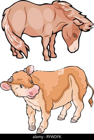 L'illustration montre les animaux de ferme. Petit veau et poneys sur des calques distincts. Illustration de Vecteur