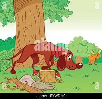 L'illustration montre comment un chien de chasse court sur la piste d'élans dans l'arrière-plan la forêt. En fait l'illustration cartoon style sur des calques distincts. Illustration de Vecteur