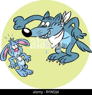 Une photo d'un loup d'humour et d'un lapin. L'air terrifié, lièvre et le loup heureux dîner à venir. En fait l'illustration cartoon style distinct sur l Illustration de Vecteur