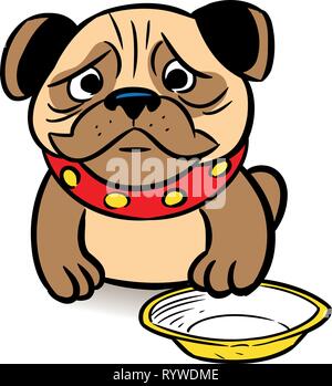 La photo montre un triste chiot carlin demande à un repas dans un bol.Illustration est présentée dans un style cartoon, sur un fond blanc. Illustration de Vecteur