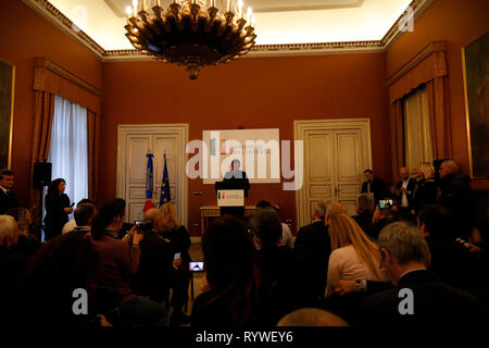 Naples, Italie. Mar 15, 2019. L'Italie, Campanie 15 mars 2019, le ministre de l'intérieur de la République italienne, Matteo Salvini leader de l'extrême droite italienne à Naples dans la préfecture pour le conseil sur la sécurité. Dans photo Matteo Salvini Crédit : Fabio Sasso/Pacific Press/Alamy Live News Banque D'Images