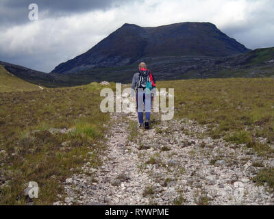 Randonneur solitaire marche sur un chemin d'accès à la montagne écossaise Corbett Meall a' dans Ghiubhais Wester Ross, North West Highlands, Ecosse, Royaume-Uni. Banque D'Images