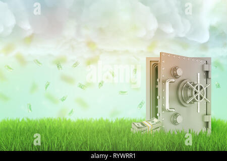 Le rendu 3D d'un coffre-fort ouvert sur une nouvelle pelouse verte avec quelques faisceaux d'argent à côté d'elle et une pluie de dollars tomber à partir d'épais nuages. Banque D'Images