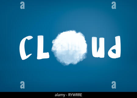 Le rendu 3D de nuage blanc signe avec le cloud au lieu de O lettre sur fond bleu Banque D'Images