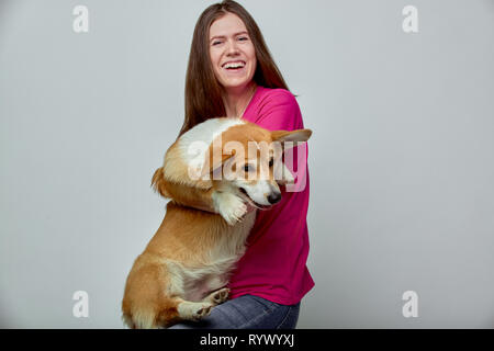 Belle fille avec un Welsh Corgi sur ses mains sur un fond gris, copy space Banque D'Images