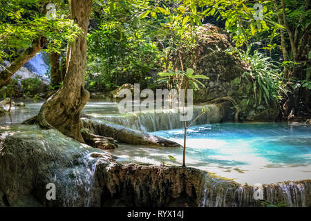 Libre d'une piscine d'eau bleue claire et une courte cascade dans le Parc National d'Erawan Banque D'Images