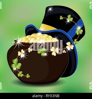 Pot rempli de pièces d'or. Chapeau de banquier noir. Une branche de trèfle, laisse Golden, vert. Vecteur Illustration de Vecteur