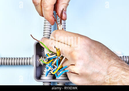 Électricien est de tordre les extrémités des fils exposés des grilles d'alimentation pour bonne connexion par les mains. Banque D'Images