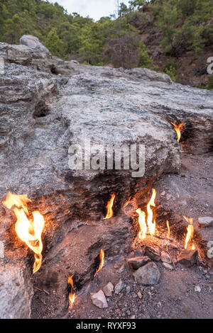 Flammes de Chimère mont de l'underground. Le feu du gaz naturel dans les roches à Cirali, Turquie. Banque D'Images