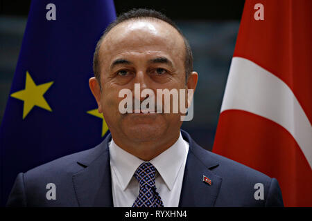 Bruxelles, Belgique. 15 mars 2019.Le Ministre turc des affaires étrangères, Mevlut Cavusoglu et haut représentant de l'UNION EUROPÉENNE Federica Mogherini assister au conseil d'association UE-Turquie réunion. Banque D'Images