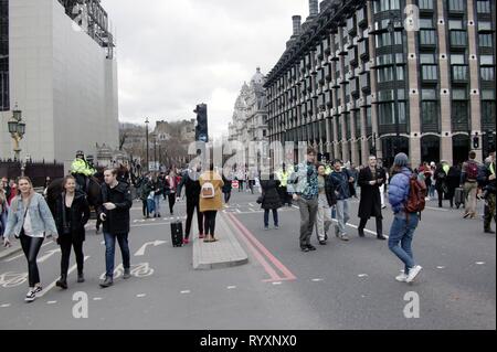 Londres, Royaume-Uni. 15 Mar 2019. À l'échelle du Royaume-Uni 2e grève de la jeunesse pour le climat apporte la place du Parlement et le pont de Westminster à l'arrêt après manifestants bloquer le trafic en deux grandes routes dans le domaine Crédit : Knelstrom Ltd/Alamy Live News Banque D'Images