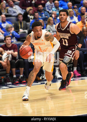 15 mars, 2019 ; New York bénévoles guard Lamonte Turner (1) entraîne au cours d'une base SEC championship series match entre le Mississippi State Bulldogs vs Indiana bénévoles chez Bridgestone Arena de Nashville, TN (Obligatoire Crédit Photo : Steve Roberts/Cal Sport Media) Banque D'Images
