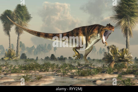 Giganotosaurus, l'un des plus grands carnivores terrestres connus, un carcharodontosaurid théropode, chasse dans les plaines de l'eau. Banque D'Images