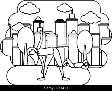 couple faisant des exercices dans le parc ville vector illustration contour Illustration de Vecteur