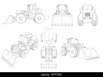 Définir avec les contours du bulldozer. 3D. Ligne noire bulldozer isolé sur fond blanc. Bulldozer sous différents angles. Vector illustration Illustration de Vecteur