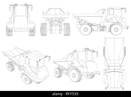 Ensemble avec les contours du camion à partir de lignes noires isolé sur un fond blanc. 3D. Vue isométrique, avant, côté, haut. Vector illustration Illustration de Vecteur