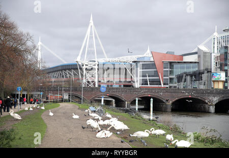 Vue générale de la Principauté stade avant le match des Six Nations Guinness entre pays de Galles et l'Irlande. Banque D'Images