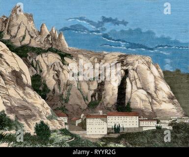 Abbaye de Montserrat. Vue panoramique. Province de Barcelone, Catalogne, Espagne. La gravure. Plus tard la couleur. Cronica General de España-a, Historia Ilustrada Descriptiva y de sus Provincias. La Catalogne. 1866. Banque D'Images