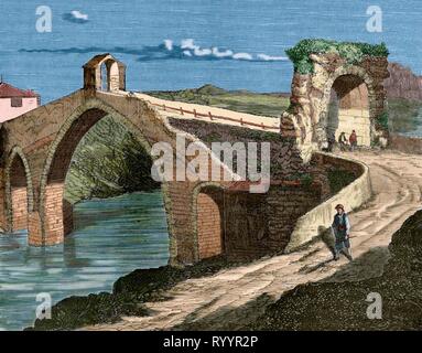 L'Espagne, la Catalogne, Martorell. Pont du diable. Gravure, coloration plus tard. Cronica General de España-a, Historia Ilustrada Descriptiva y de sus Provincias. La Catalogne. 1866. Banque D'Images