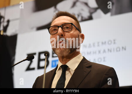 Thessalonique, Grèce. Mar 15, 2019. Gouverneur de la Banque de Grèce Yannis Stournaras parle lors d'un événement d'affaires. Dîner officiel en l'honneur du gouverneur de la Banque de Grèce Yannis Stournaras organisée par la Fédération des Industries de la Grèce. Credit : Giannis Papanikos/ZUMA/Alamy Fil Live News Banque D'Images