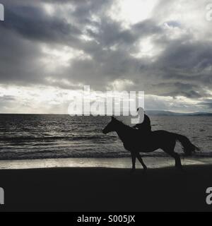 Le cheval et le cavalier sur silhouette plage Banque D'Images