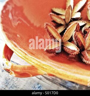 Ouvrez grand les gousses en forme d'étoile en orange plat sur table en bois foncé, close-up Banque D'Images