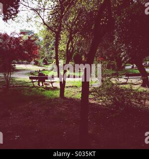 Un homme assis dans un banc de parc Thisseio lire son journal Banque D'Images