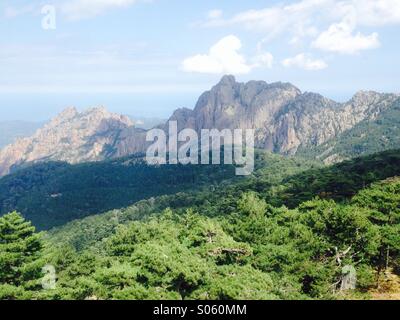 Voir,montagne corse, Aiguilles, bleu, le ciel, l'air frais, de haut, maison de vacances, touristes, alpinistes, montagnes, plus de 1000 mètres de haut. La vue depuis la montagne corse de Bavella, juillet 2014. Banque D'Images