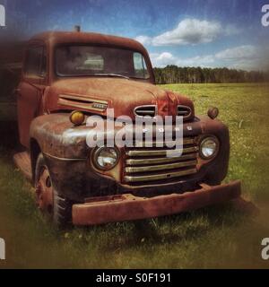 Vieux camion Ford, dans un champ. Campagne de l'Alberta, Canada. Banque D'Images