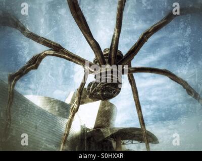 Détail de la sculpture d'araignée et le musée Guggenheim de Bilbao, Espagne Banque D'Images