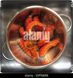 Queues de homard cuit dans une passoire. Banque D'Images