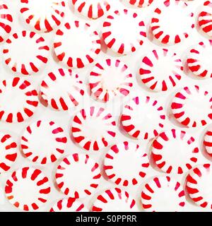 Une image artistique de ronde rouge et blanc bonbons menthe disposées en rangées. Banque D'Images