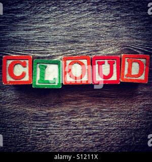 Word CLOUD fait avec des cales en bois lettres alphabet Banque D'Images