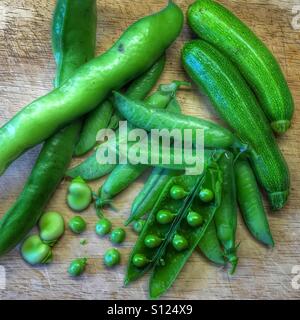 Les courgettes et les pois, fèves cueillies du potager Banque D'Images