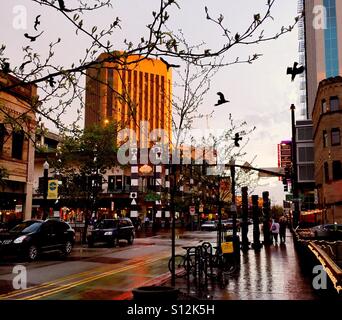 Des oiseaux volent à travers le centre-ville de Boise, Idaho. Banque D'Images