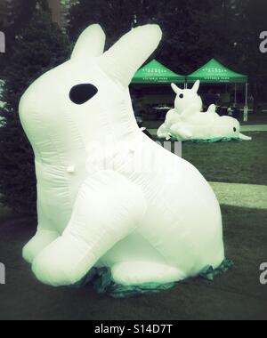 Un parc plein de lapins gonflables fait partie de la BeakerHead festival à Calgary, Canada. Banque D'Images