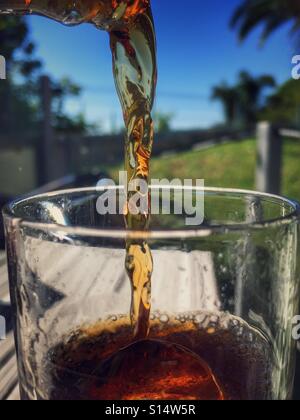 Soft drink est versé dans un verre avec de la glace avec les cal pour les plantes dans l'arrière-plan Banque D'Images