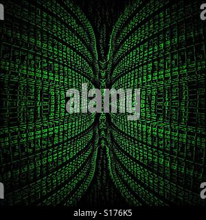 Une image abstraite de l'information numérique vert brillant qui s'écoule dans un point éloigné sur un fond noir Banque D'Images