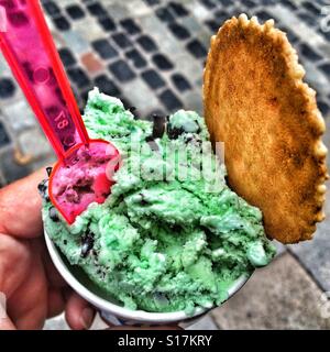 Crème glacée aux pépites de chocolat à la menthe dans une baignoire Banque D'Images