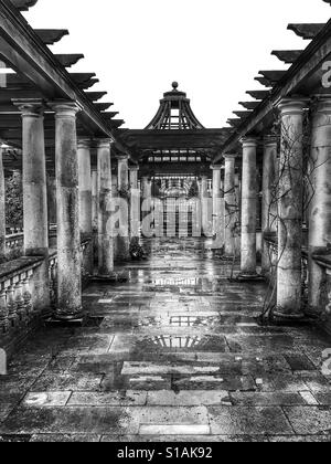 Photo en noir et blanc de la pergola dans le jardin de la colline en début d'après-midi à West Heath, Hampstead Heath, Londres, Angleterre, Royaume-Uni. Banque D'Images