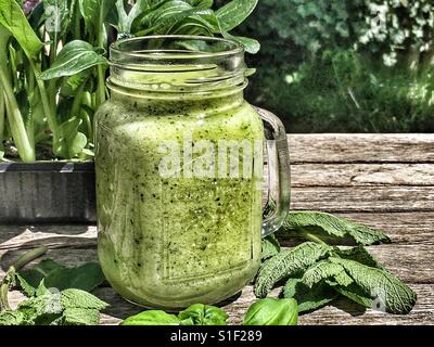 Smoothie, une boisson pour la santé consciente faite sans additifs : concombre, pomme, ananas, menthe fraîche, épinards et laitue Banque D'Images