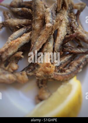 Boquerones Fritos ou anchois frits dans un restaurant portugais Banque D'Images