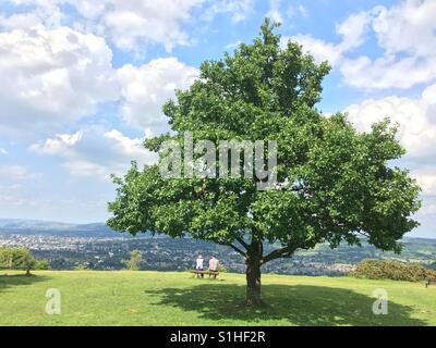 La mère et le fils assis sur le banc de la colline encadrée par un seul arbre Banque D'Images