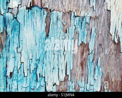 Peeling texturé de flocons peinture turquoise sur panneau de bois Banque D'Images