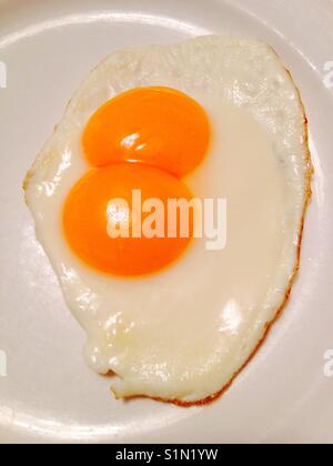 Vitellus Double œuf frit, Sunnyside up et sur une assiette et prêt à servir. Banque D'Images